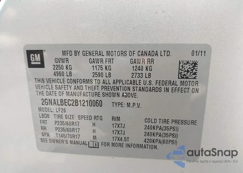 2011 Chevrolet Equinox Ls z USA, uszkodzony, nr VIN 2GNALBEC2B1210060